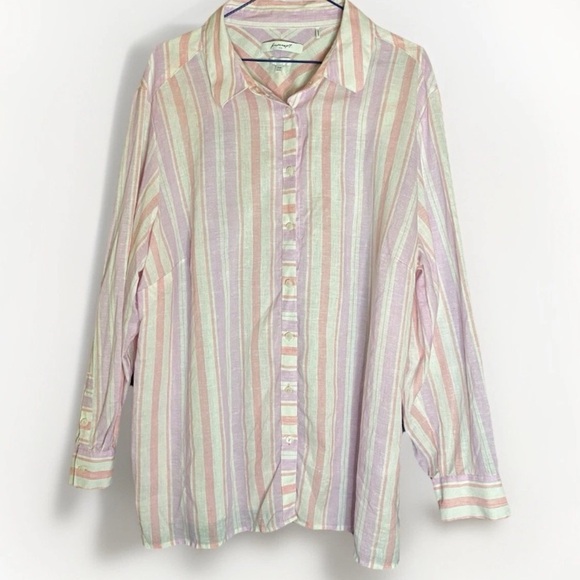 Foxcroft NYC Blouse Women’s 22W Pink Striped Buttoned Shirt Top 100% Linen EUC - Picture 1 of 8